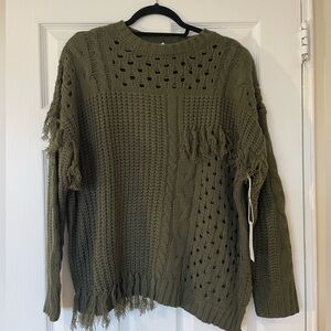 Olive Green Crew Neck Fringe Chunky Knit Sweater